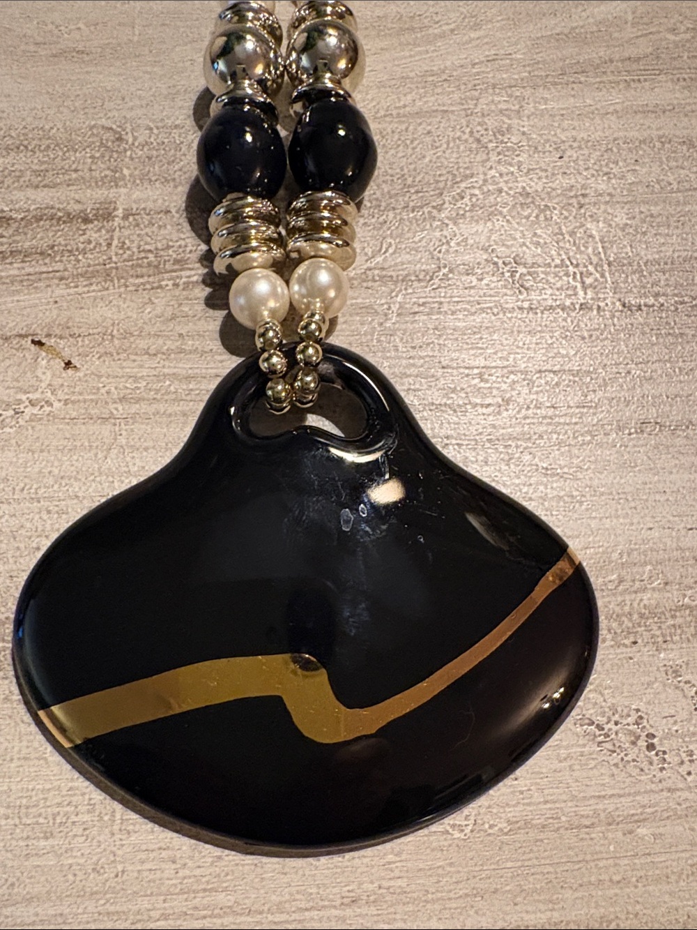80”s Black and Gold Statement Pendant Necklace - Glass Pendant - Picture 5 of 6